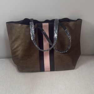 Stylish Brown Tote Bag with Pink Stripe